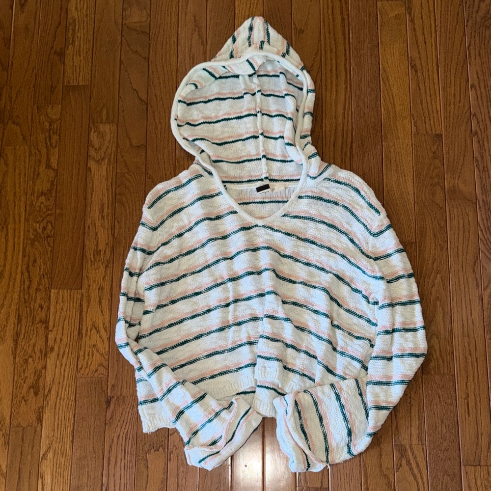 Roxy White Hoodie Sweater with Green and Pink Stripes